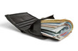 many banknotes in black wallet