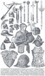 Knightly armor and weapons.