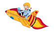 Cartoon Boy Flying Rocket, outer space set (illustration)