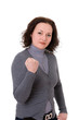 woman in the gray cardigan