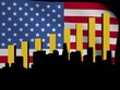 Los Angeles skyline and graph over American flag illustration