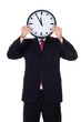 Manager im Stress mit Uhr vor Kopf.