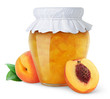 Peach jam and fresh peaches isolated on white