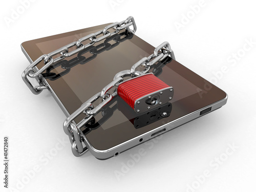 Illustration: Tablet pc security. Chain with lock on computer. Tablet pc security. Chain with lock on computer.