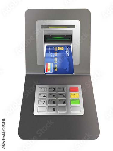 Illustration: Money withdrawal. ATM and credit or debit card Money withdrawal. ATM and credit or debit card