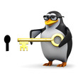 3d Penguin in glasses puts the key in the lock