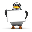 3d Penguin in glasses holds a blank banner