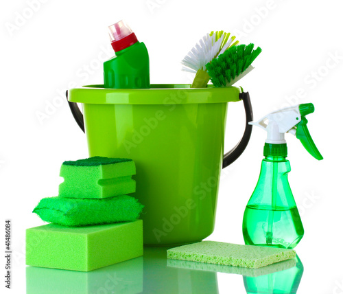 Photo: cleaning products isolated on white cleaning products isolated on white