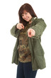 Foto: smiling pointing you fat young woman in militry jacket smiling pointing you fat young woman in militry jacket