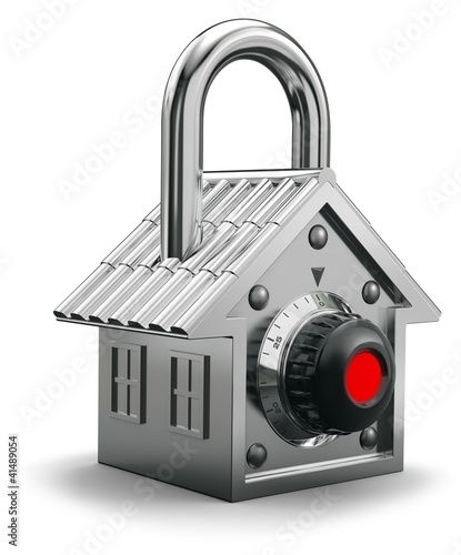 Illustration: Padlock having the shape of a house, home security concept Padlock having the shape of a house, home security concept