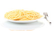 Italian spagetti cooked in a white plate with fork isolated