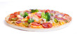 Fresh fresh pizza with chicken and broccoli on white background Fresh fresh pizza with chicken and broccoli on white background
