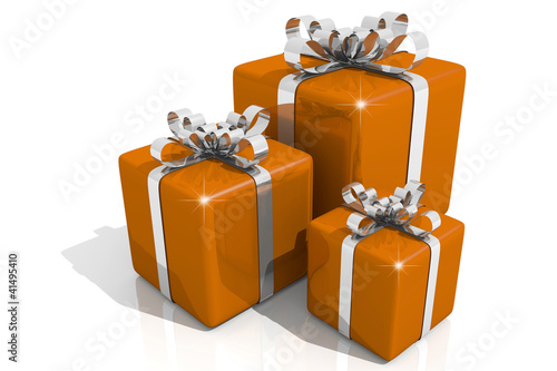 Illustration: 3 Geschenke Orange- Schleife Chrom 3 Geschenke Orange- Schleife Chrom