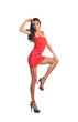 Portrait of a beautiful young woman in red dress.