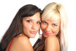 blond and brunette on white background