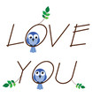 Love you twig text with two lovesick birds