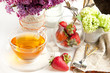 Breakfast with tea and strawberries Breakfast with tea and strawberries