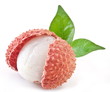 Lychee with leaves on a white background.