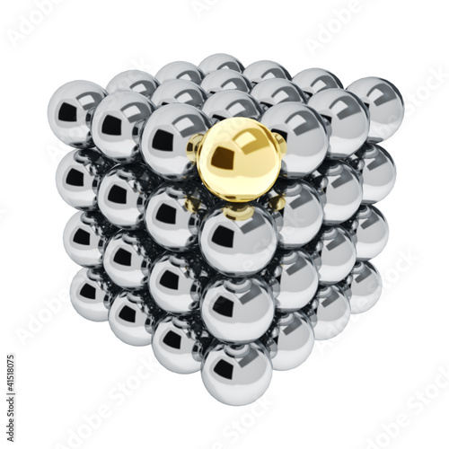 Illustration: Metallic neo cube with one golden sphere. Metallic neo cube with one golden sphere.