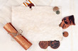 Background from old papers with souvenirs and a parcel Background from old papers with souvenirs and a parcel