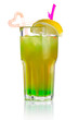 Green alcohol cocktail with lemon slice isolated on white