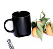 background with tangerines, notebook and cup background with tangerines, notebook and cup