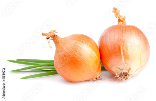 Photo: Two Fresh bulbs of onion and Fresh Scallions isolated on a white Two Fresh bulbs of onion and Fresh Scallions isolated on a white