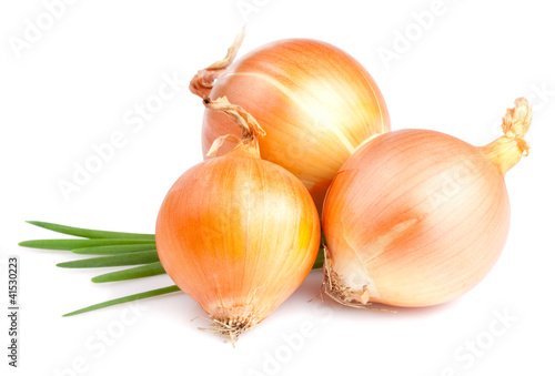 Foto: Three Fresh bulbs of onion and Fresh Scallions isolated on a whi Three Fresh bulbs of onion and Fresh Scallions isolated on a whi