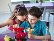Sister and brother enjoying meal sitting at restaurant table
