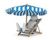 Deckchair and parasol on white background. Isolated 3D image Deckchair and parasol on white background. Isolated 3D image