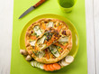 vegetables cake over dish on green background vegetables cake over dish on green background