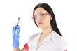 female doctor wearing a protective glasses with syringe female doctor wearing a protective glasses with syringe