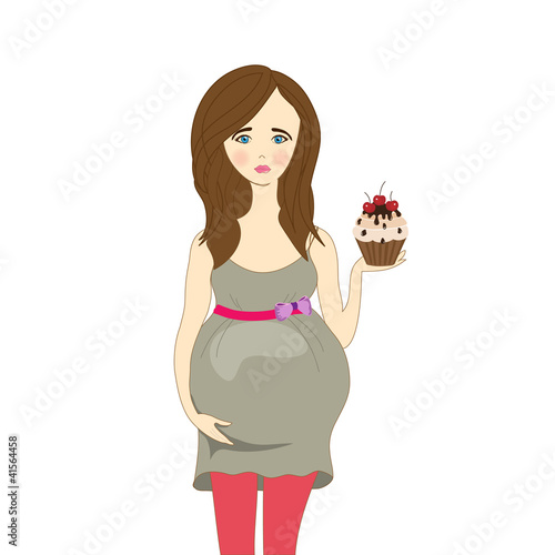 Vector: Pregnant woman with cake. Concept of healthy food. Pregnant woman with cake. Concept of healthy food.