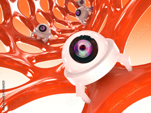 Illustration: Orange nanotube structure with small robots Orange nanotube structure with small robots