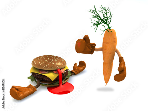 Illustration: burgers and carrot that fight burgers and carrot that fight