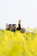 Senior woman and two granddaughters standing in field, waving at camera
