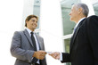 Two businessmen exchanging business card, smiling at each other, low angle view