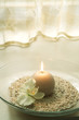 Close-up of burning candle in bowl next to orchid flower