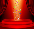 Red curtains and red marquee in the background