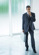 Businessman standing in lobby, holding briefcase