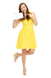 Woman pointing at blank poster Woman pointing at blank poster