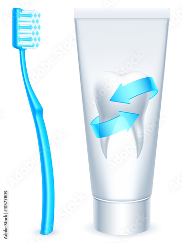 Vector: Tube of toothpaste and blue toothbrush. Tube of toothpaste and blue toothbrush.