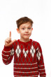 shaggy blond boy in sweater is good idea to come up isolated on