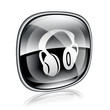 headphones icon black glass, isolated on white background.