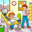 Vektor: worker feeling ill or tired with his colleague next to him worker feeling ill or tired with his colleague next to him