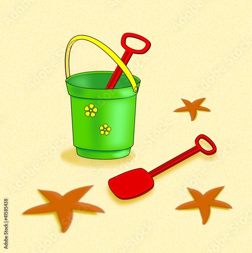 Illustration: Bucket, Shovel and Starfishes. Bucket, Shovel and Starfishes.