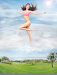 Conceptual photo of a cute brunette running in clouds Conceptual photo of a cute brunette running in clouds