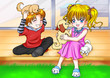 Cartoon illustration of a boy and a girl playing with puppies Cartoon illustration of a boy and a girl playing with puppies