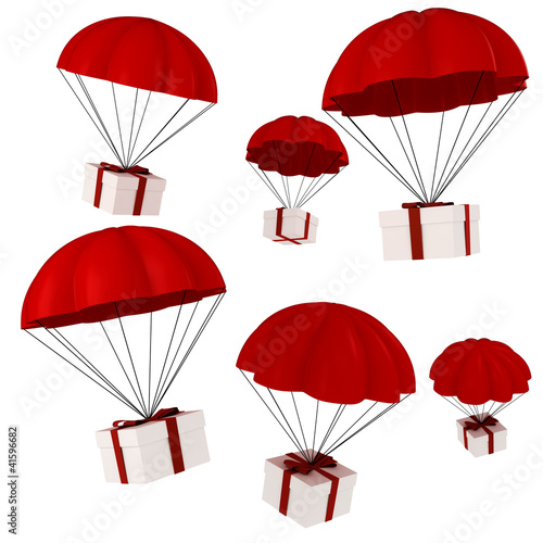 Illustration: 3d presents and parachute falling from the sky 3d presents and parachute falling from the sky