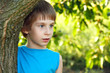 boy touch forest tree nature outdore